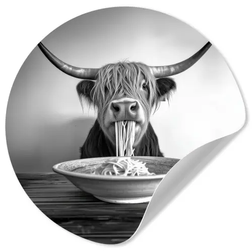 Schotse Hooglander - Spaghetti - Dieren - Zwart wit Wandcirkel behangsticker klein -3d