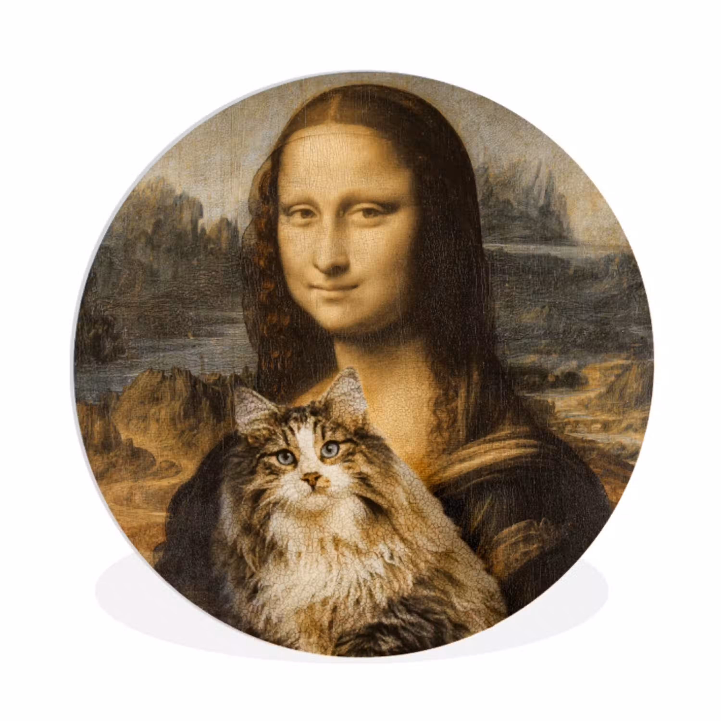 Mona Lisa - Kat - Leonardo da Vinci - Vintage - Kunstwerk - Oude meesters - Schilderij Wandcirkel kunststof plaat 5mm dik klein -3d