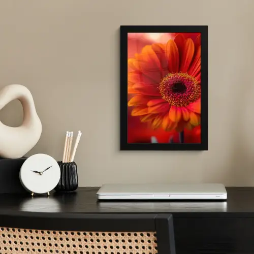 Oranje - Gerbera - Intens fotolijst zwart zonder passe partout klein -sfeer1