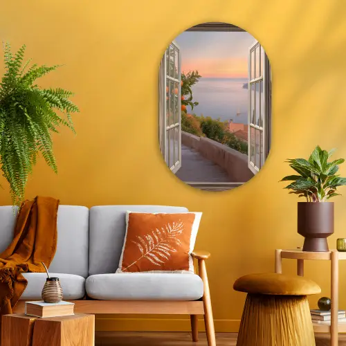 Doorkijk - Uitzicht - Meer - Landschap Wandcirkel Ovaal Glas middel -sfeer4