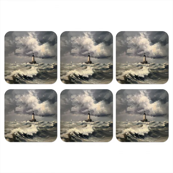 Vuurtoren - Golven - Storm onderzetter kurk middel -3d