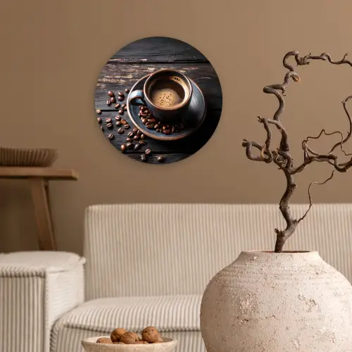 Kop - Koffie - Hout - Bonen Wandcirkel kunststof plaat 5mm dik klein -sfeer1