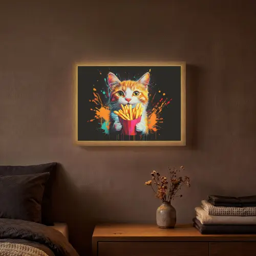 Kat - Eten - Patat - Graffiti - Abstract Light Box met batterij (Wandlamp) middel -sfeer4