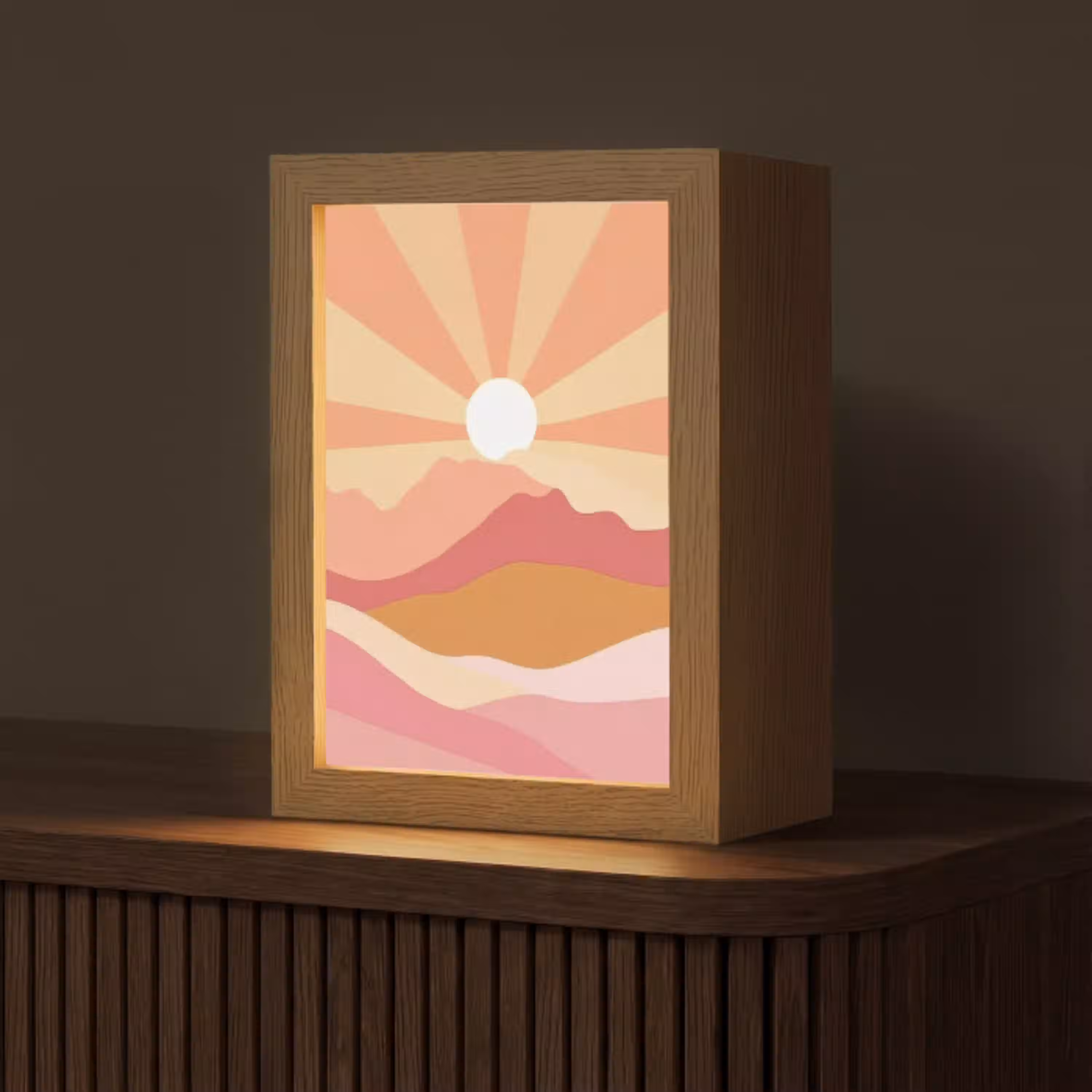 Bergen - Abstract - Zonnestralen - Roze Light Box met kabel (Tafellamp) klein -z3d_website