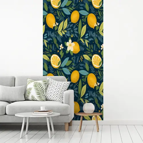 Bloemen - Bladeren - Citroenen - Blauw fotobehang vinyl groot 64 -woonkamer