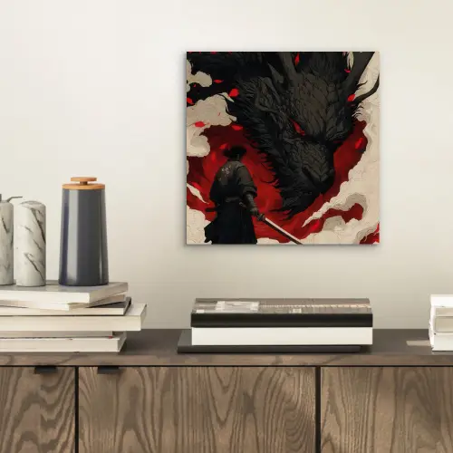 Krijger - Draak - Zwart - Rood - Rook aluminium wit klein -sfeer1
