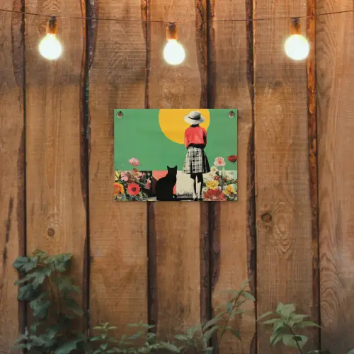 Retro - Meisje - Kat - Zon tuinposter los doek klein -sfeer1