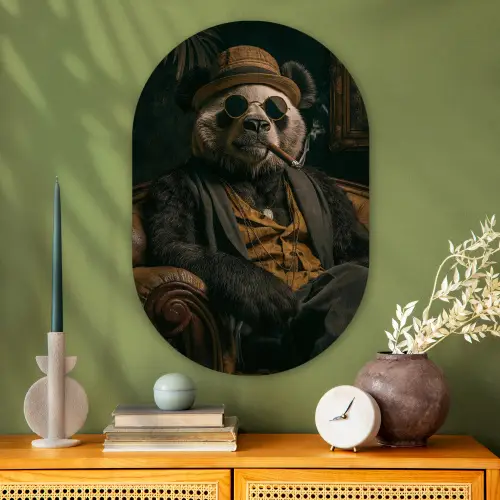 Panda - Hoed - Bril - Pak Wandcirkel Ovaal Glas middel -sfeer2