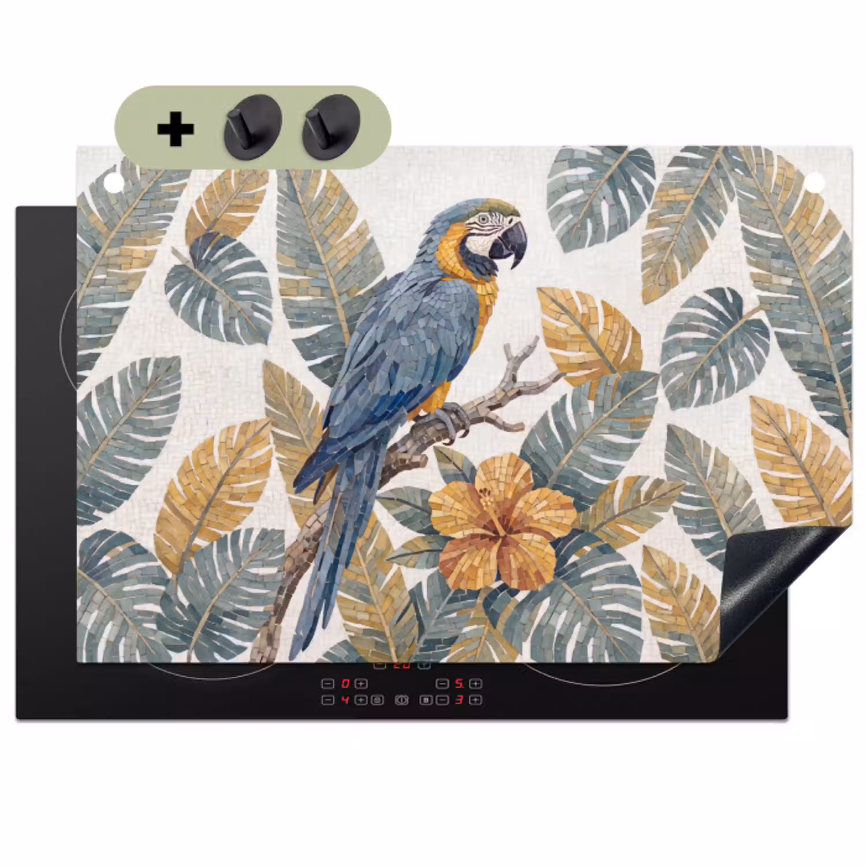 Vogel - Tak - Natuur - Mozaïek - Blauw Inductie beschemer met haakjes klein -3d