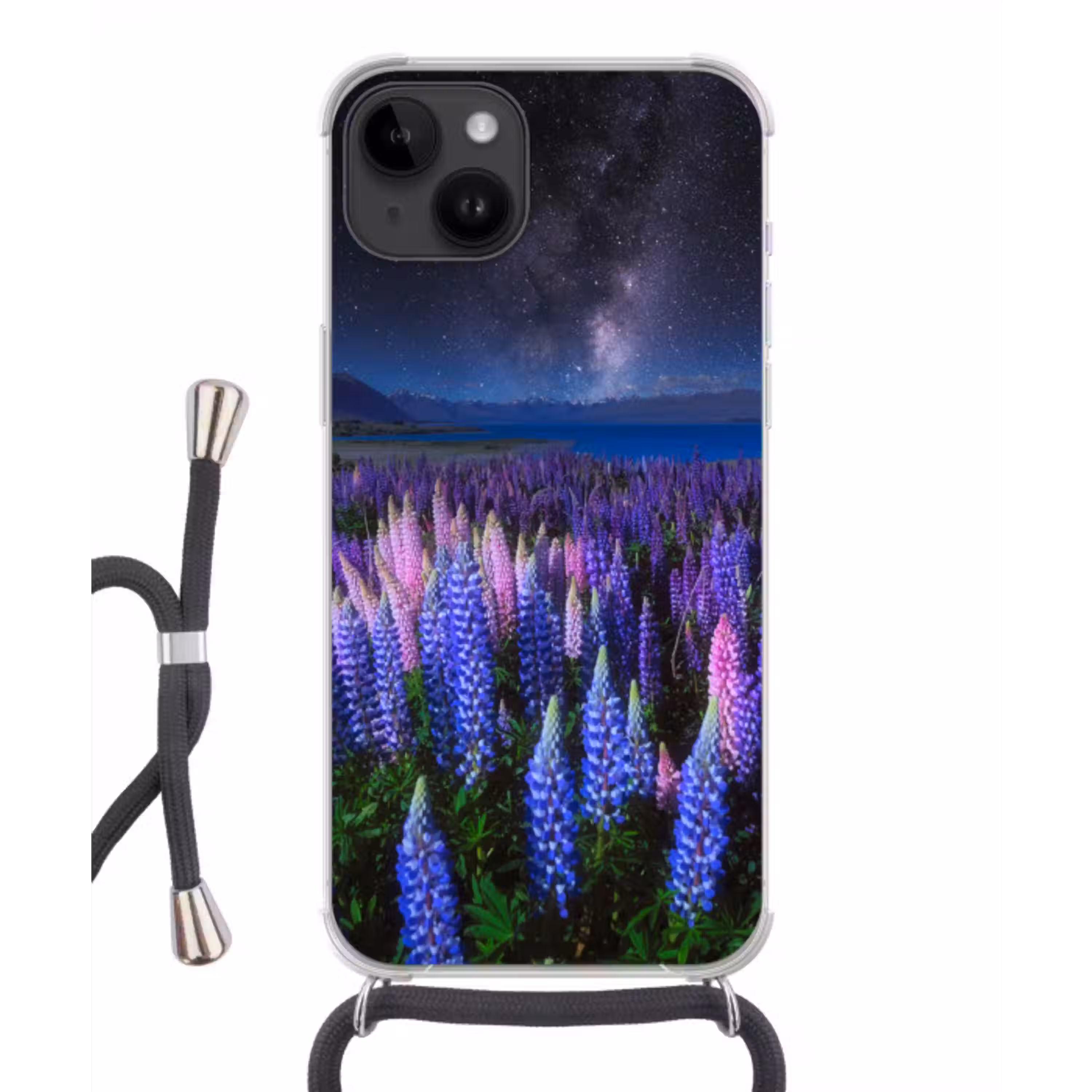 Bloemen - Nacht - Nieuw-Zeeland - Sterrenhemel - Paars - Natuur Crossbody Case iPhone 14 middel -3d
