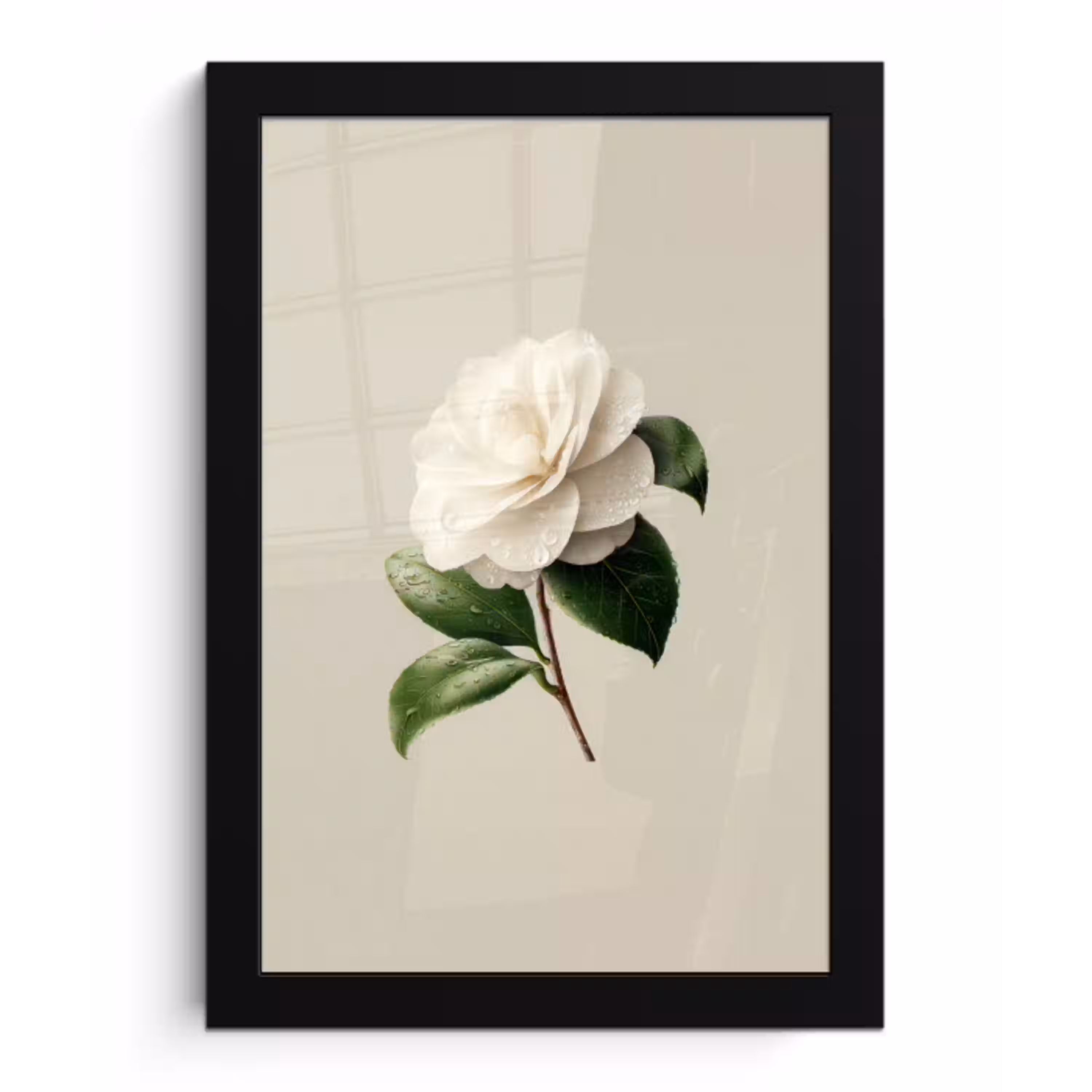 Cameliabloem - Wit - Groen fotolijst zwart zonder passe partout klein -3d