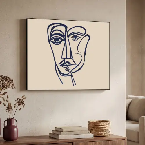 Minimalistisch - Lijnillustratie - Beige - Donkerblauw Textielframe zwart klein -sfeer3