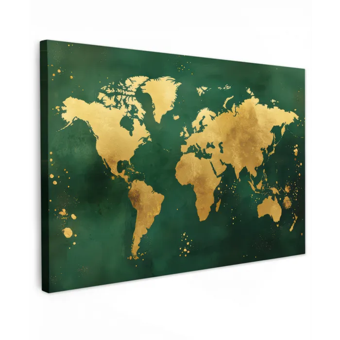 Wereldkaart - Groen - Goud Tuinposter op houten frame 2 cm dik klein -3d