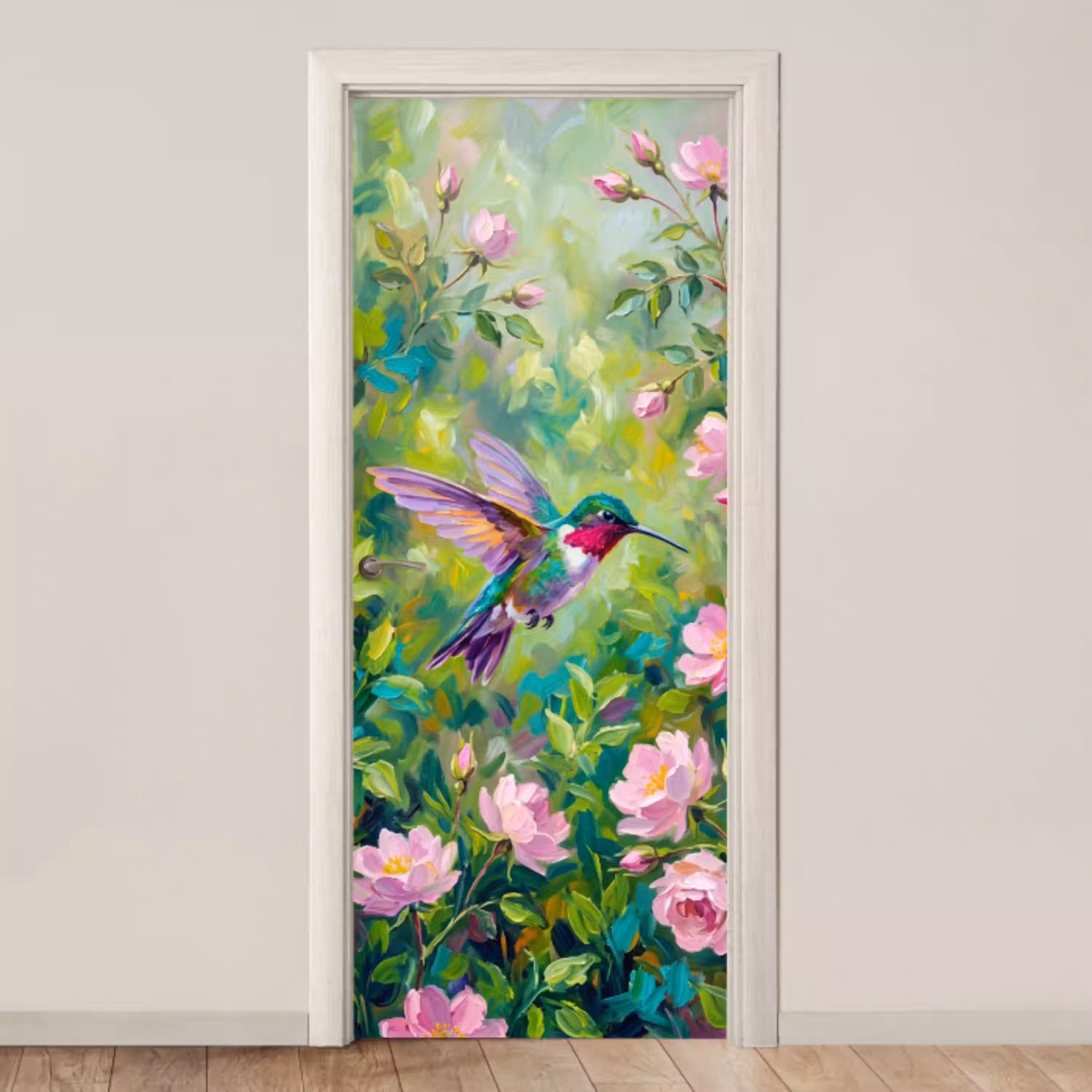 Kolibrie - Bloemen - Natuur - Kleurrijk deurposter klein -3d_beige