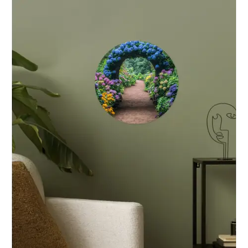 Doorkijk - Bloemen - Hortensia - Pad Wandcirkel behangsticker klein -sfeer2