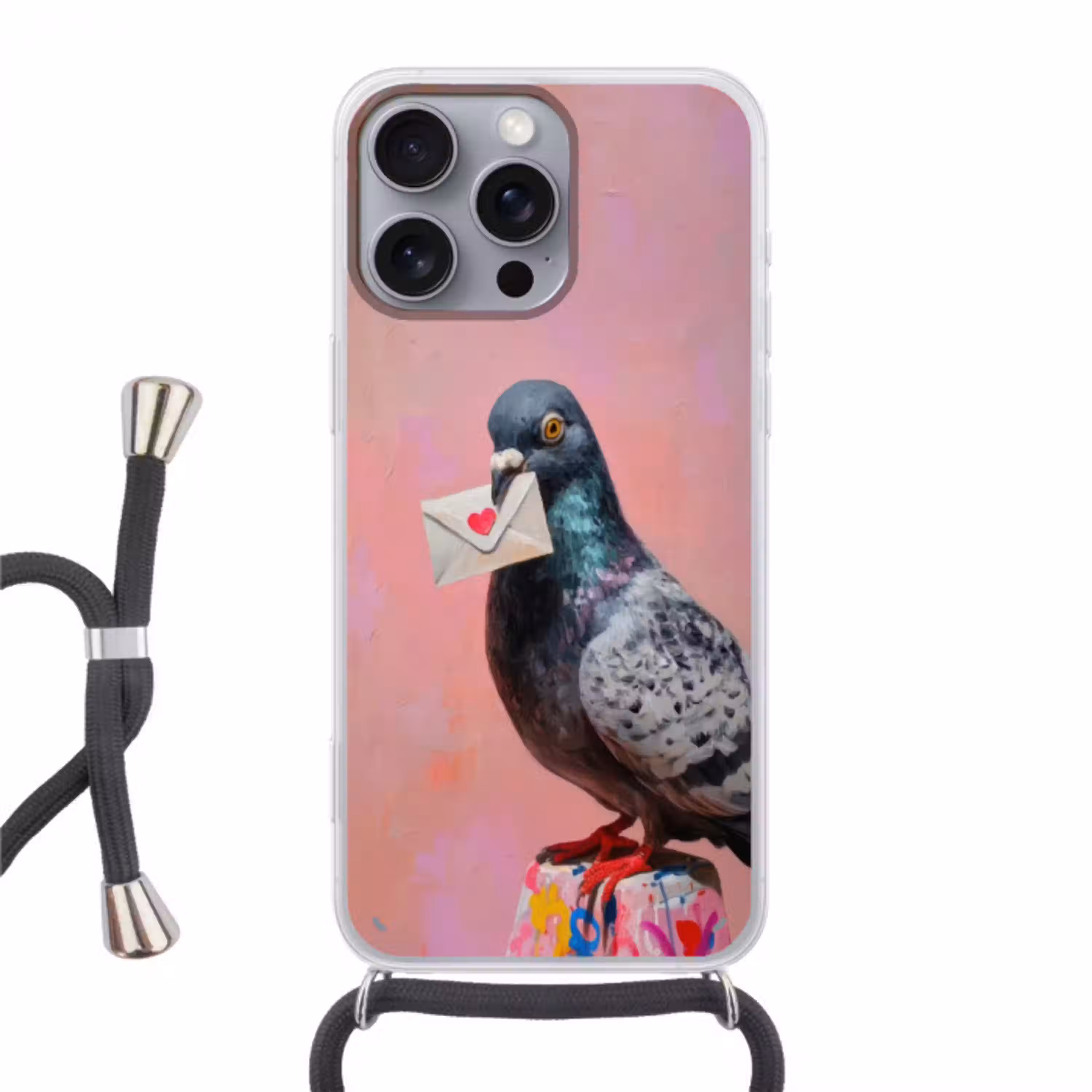 Duif - Envelop - Roze - Close up Hoesje iPhone 16 Pro Max met koord klein -3d