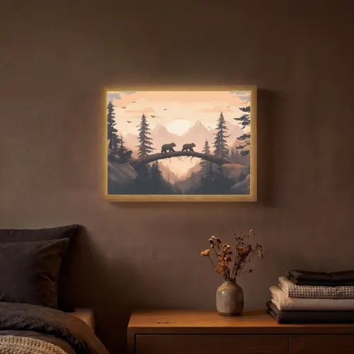 Beren - Bomen - Landschap - Zonsondergang Light Box met batterij (Wandlamp) middel -sfeer4