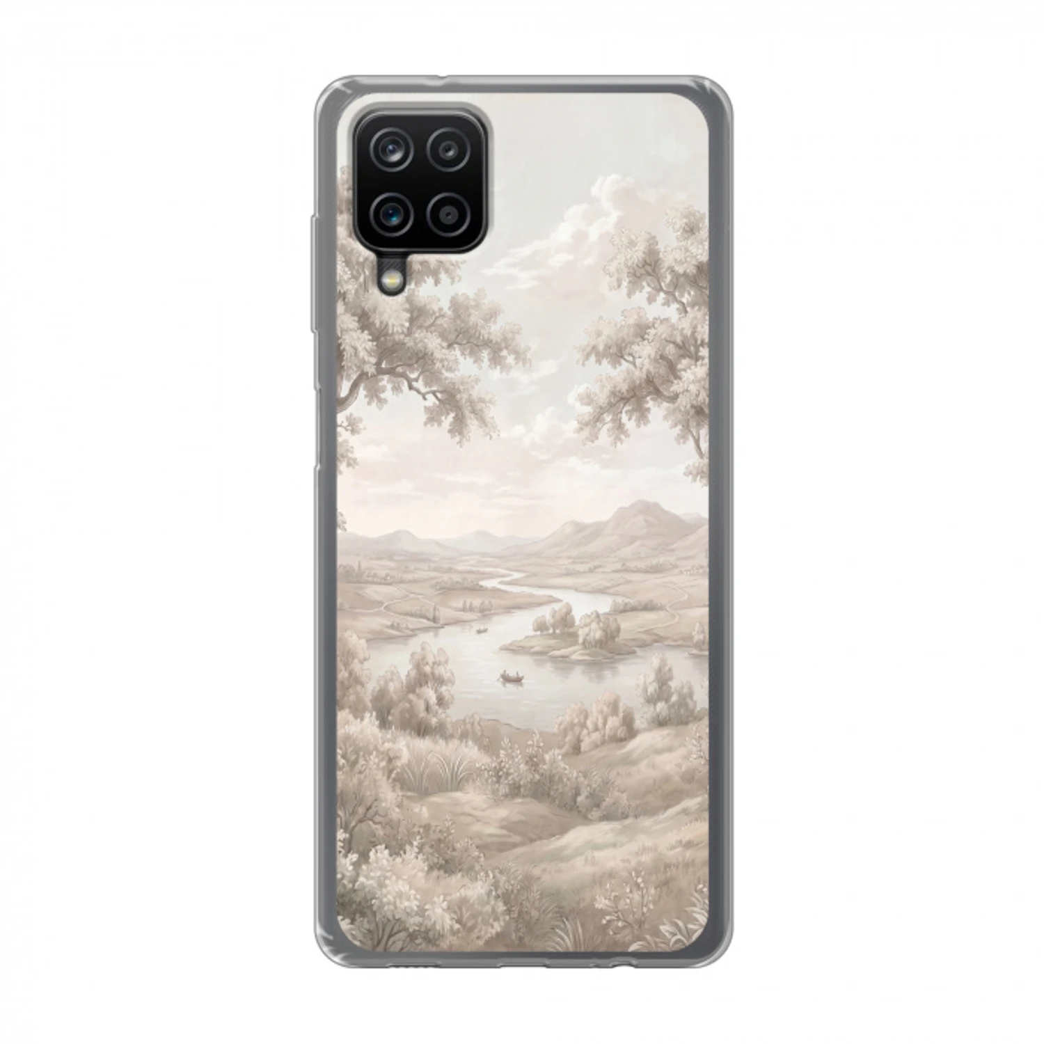 Rivierlandschap - Bergen - Natuur - Vintage - Beige Telefoonhoesje Samsung Galaxy A12 klein -3d