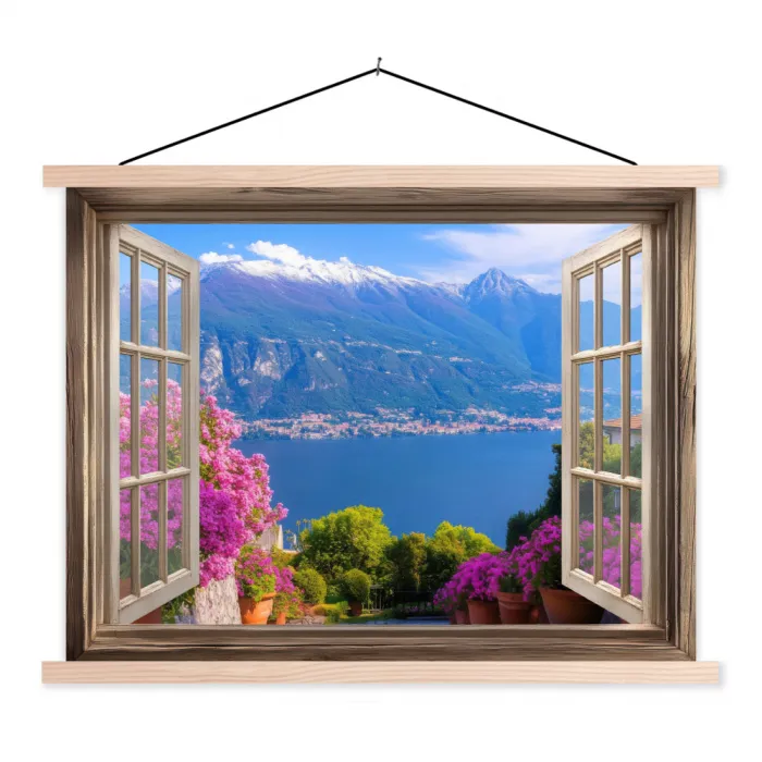 Doorkijk - Berg - Landschap - Uitzicht - Meer textielposter latten blank klein -3d