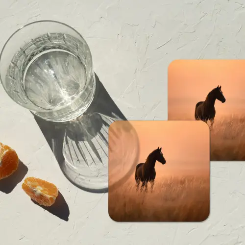 Paard - Grasveld - Zonsondergang onderzetter kurk middel -sfeer4
