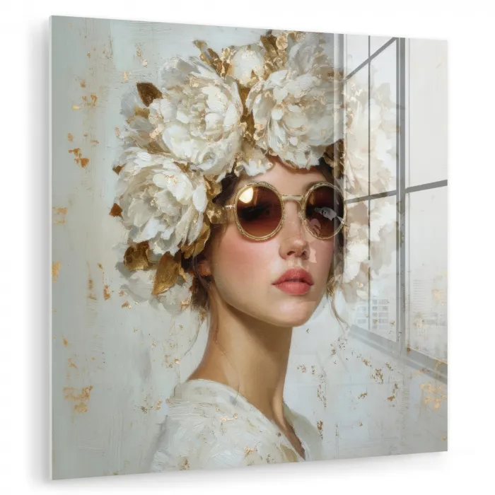 Schilderij - Vrouw - Zonnebril - Bloemenkrans plexiglas 5mm klein -zzzproduct_nieuw