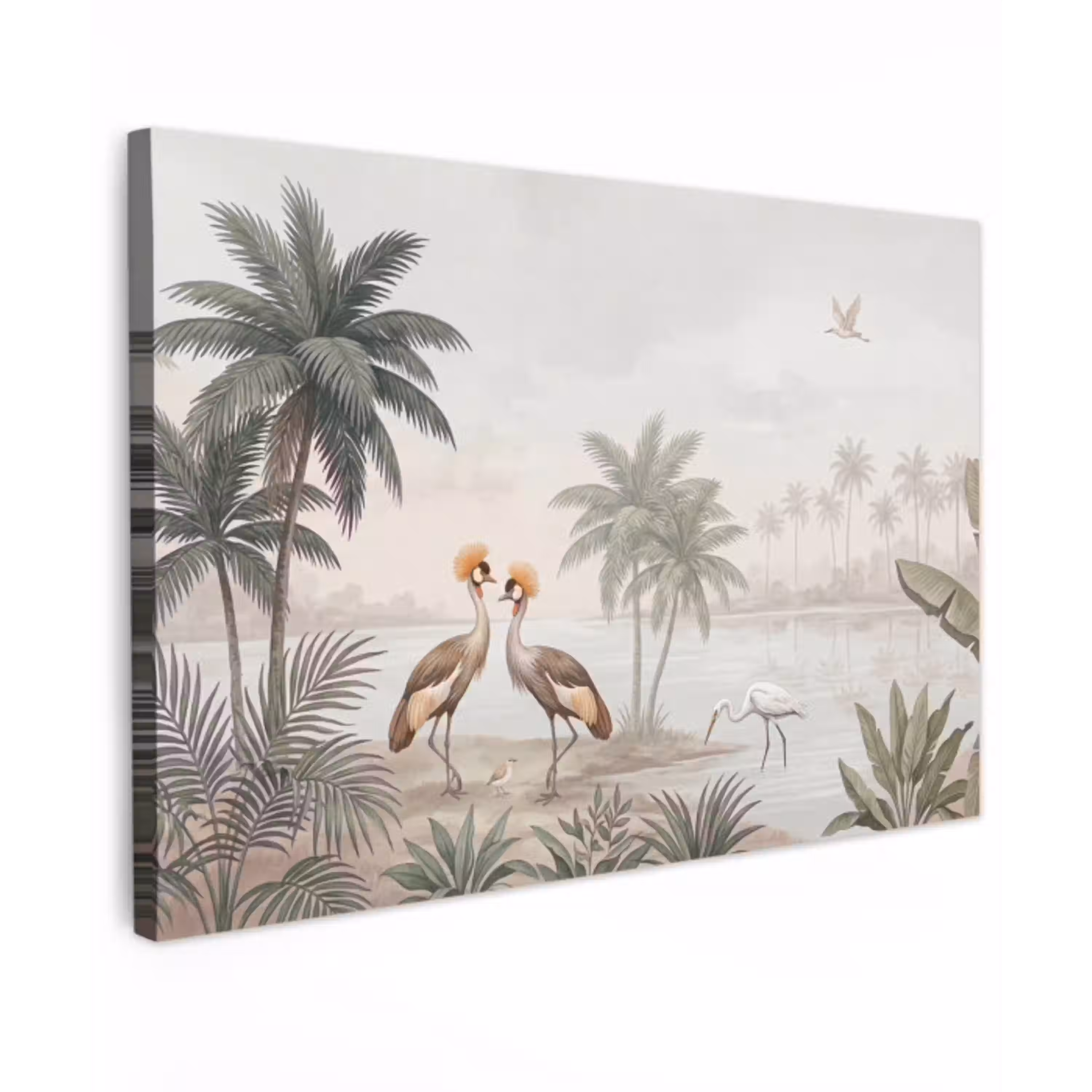 Kraanvogels - Palmbomen - Tropisch Tuinposter op houten frame 2 cm dik klein -3d