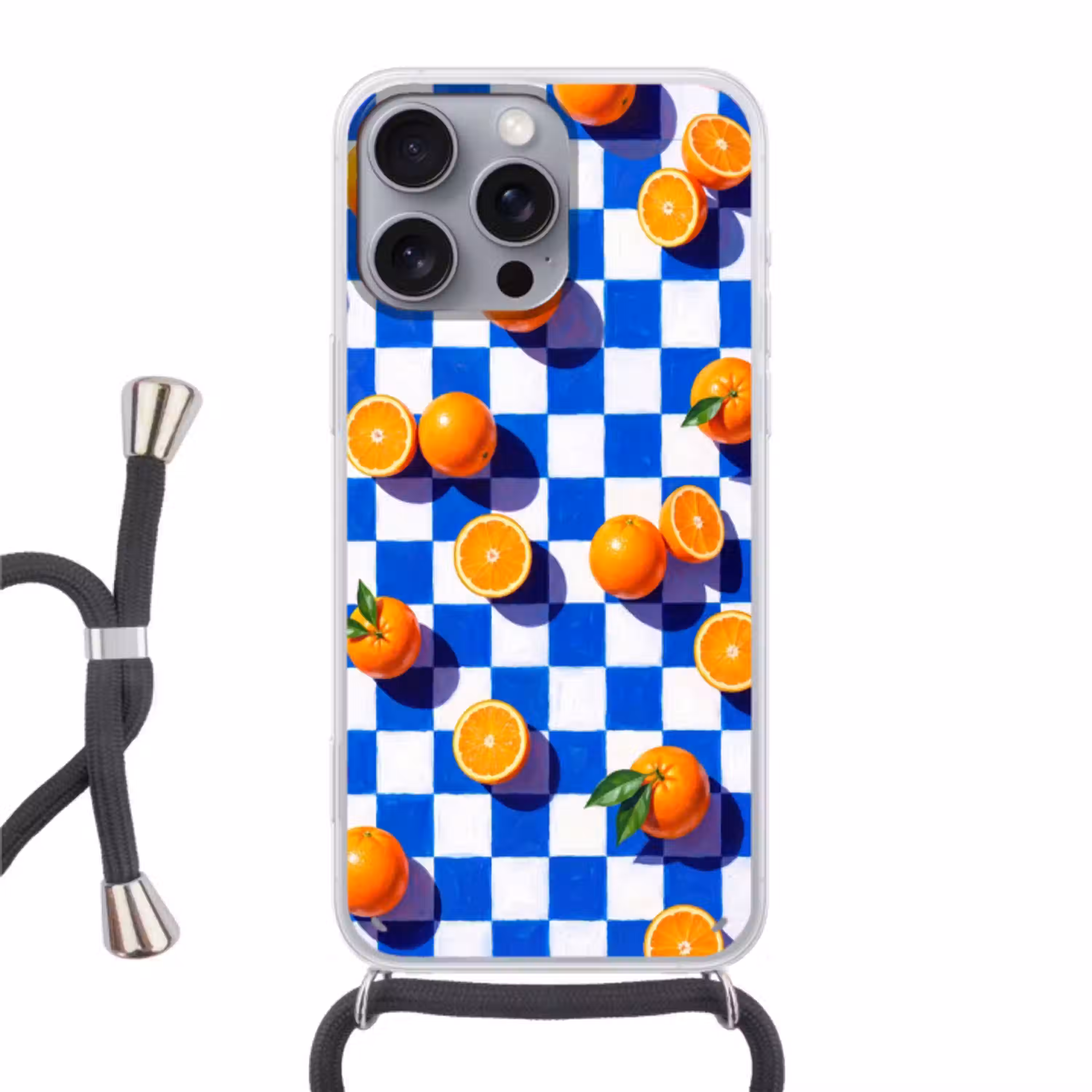 Sinaasappel - Geruit - Eten Hoesje iPhone 16 Pro Max met koord klein -3d
