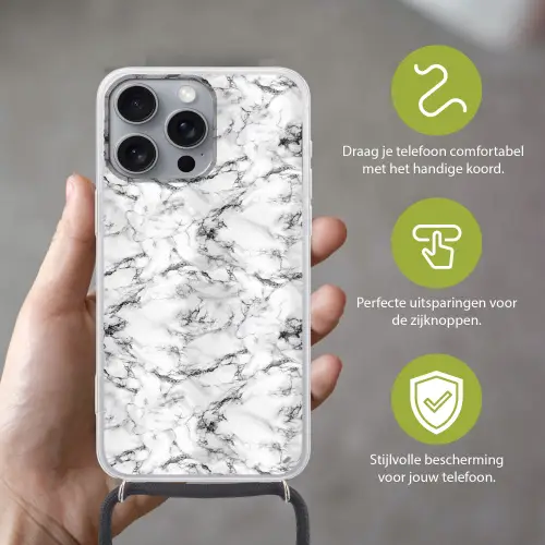 Marmer - Zwart - Dramatisch - Wit Hoesje iPhone 16 Pro Max met koord klein 804 -sfeer2_NL