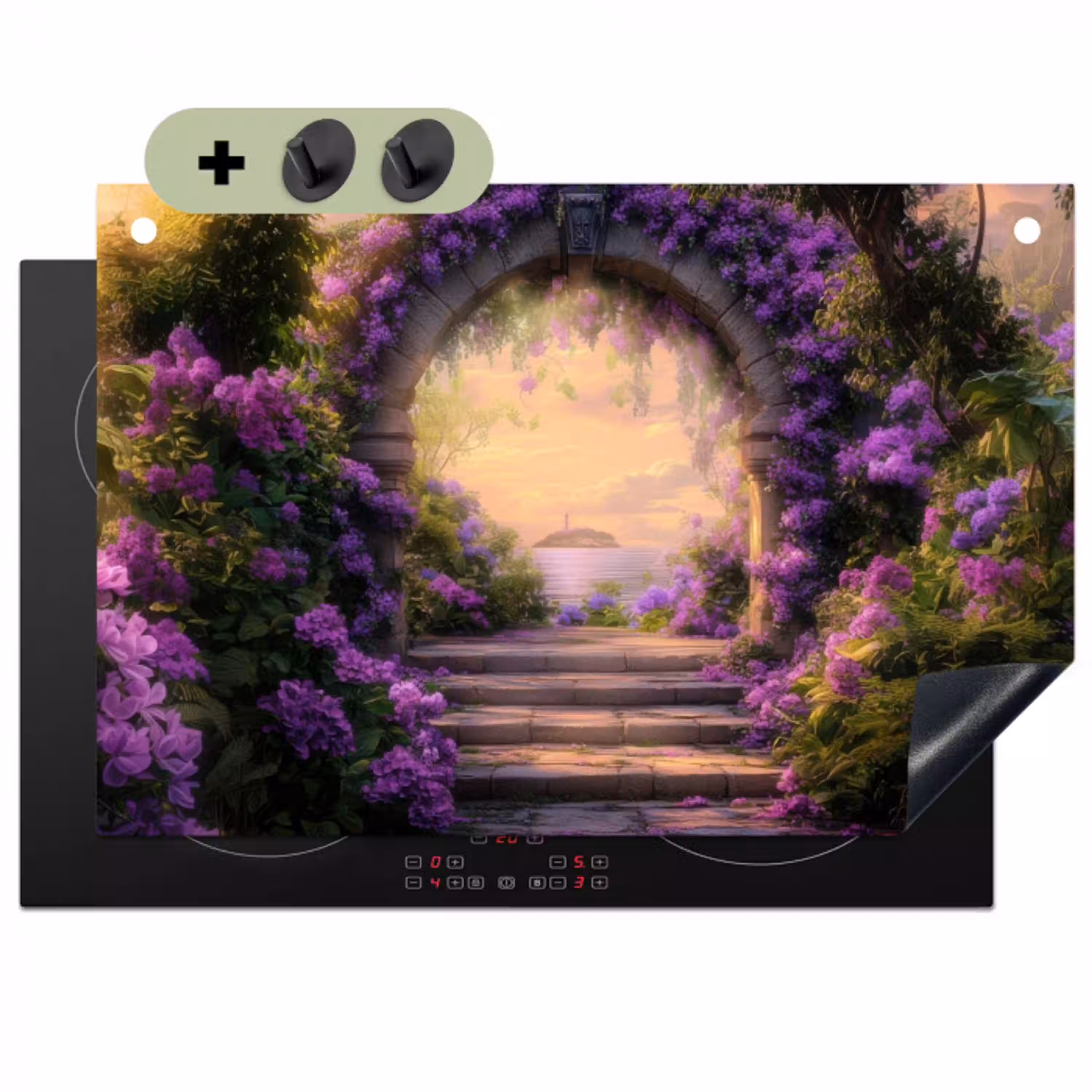 Poort - Paars - Bloemen Inductie beschemer met haakjes klein -3d
