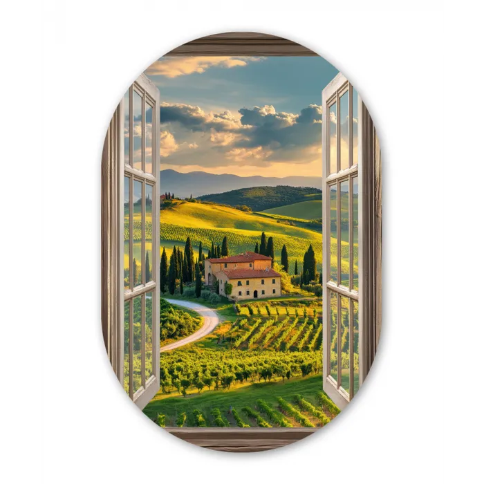 Doorkijk - Toscane - Uitzicht - Landschap - Zomer Wandcirkel Ovaal Glas middel -3d