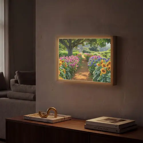 Bloemen - Pad - Zonnebloemen - Tuin - Hortensia Light Box met batterij (Wandlamp) middel -sfeer1