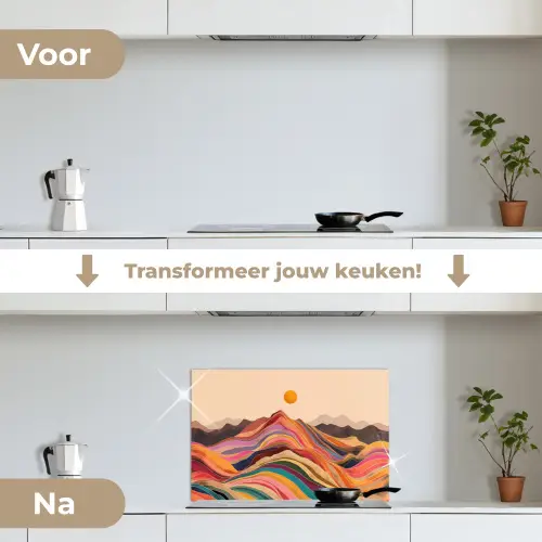 Zon - Kleurrijk landschap - Bergen keuken achterwand spatscherm klein -voor_na_NL