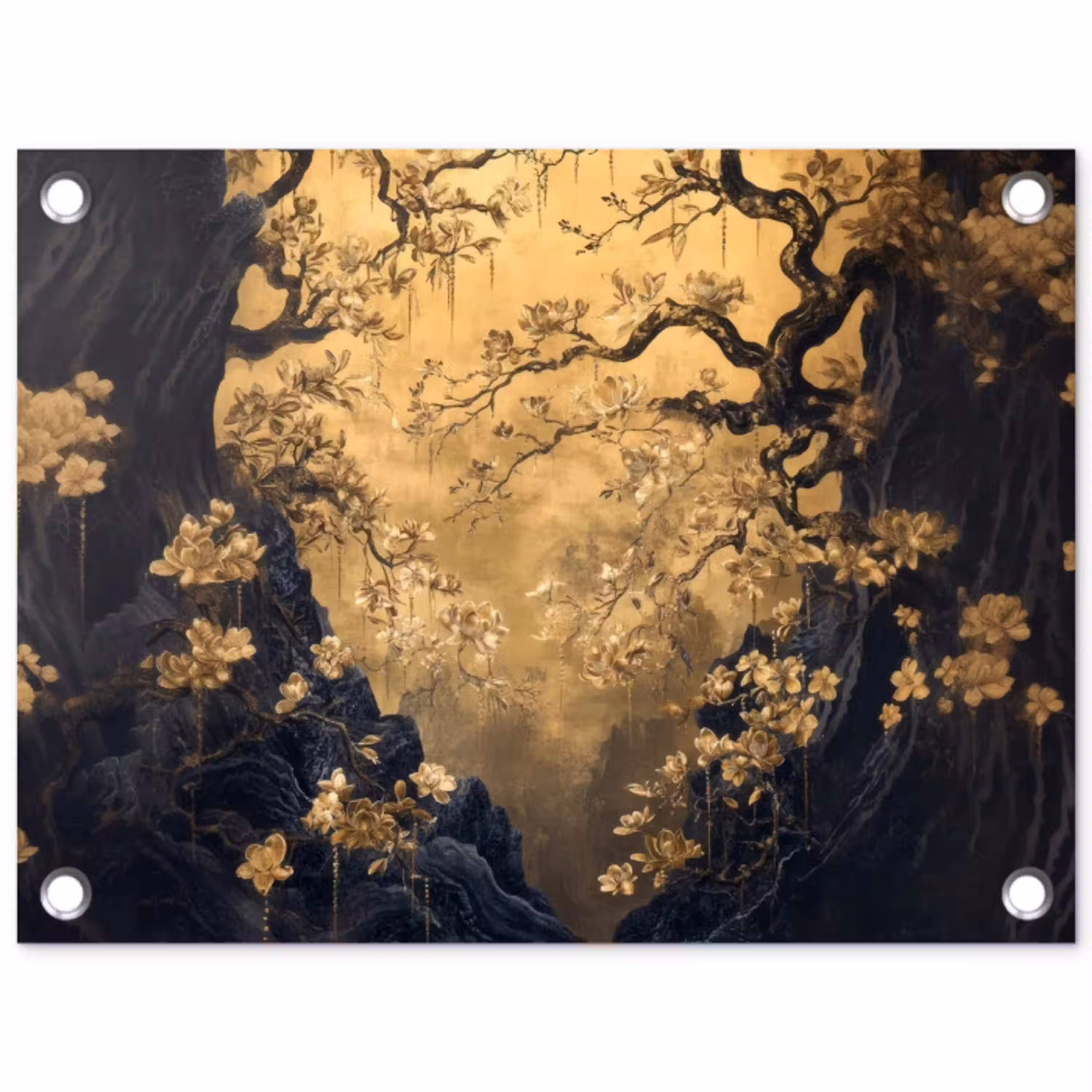 Bloemen - Takken - Goud - Sierlijk tuinposter los doek klein -3d