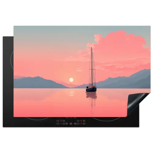 Zeilboot - Roze zee - Zonsondergang - Bergen Inductie beschermer vinyl 3mm klein -3d