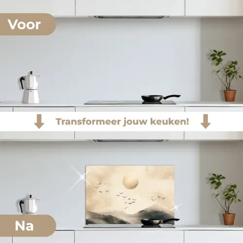 Landschap - Japandi - vogel keuken achterwand spatscherm klein -voor_na_NL