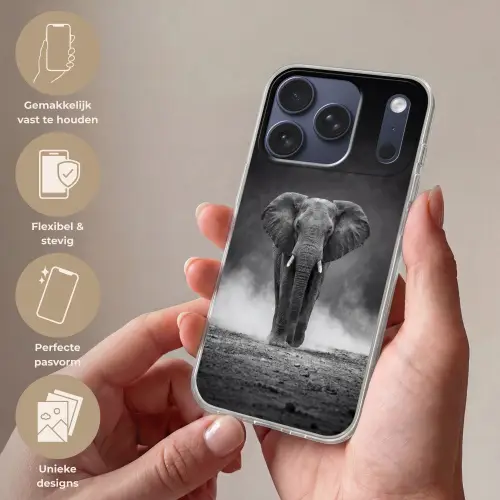 Olifant - Zwart - Wit - Rook Telefoonhoesje iPhone 17 Pro klein -sfeer3_NL