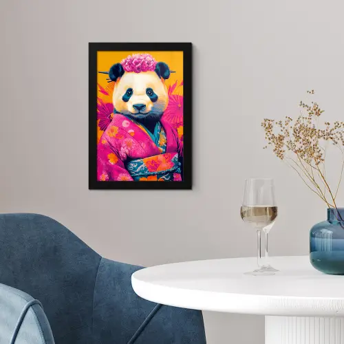 Kimono - Roze - Panda - Bloemenkroon fotolijst zwart zonder passe partout klein -sfeer4