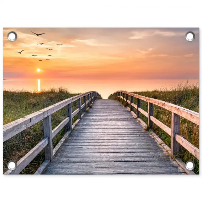 Zonsonderang - Zee - Pad - Gras - Duin - Vogels tuinposter los doek klein -3d