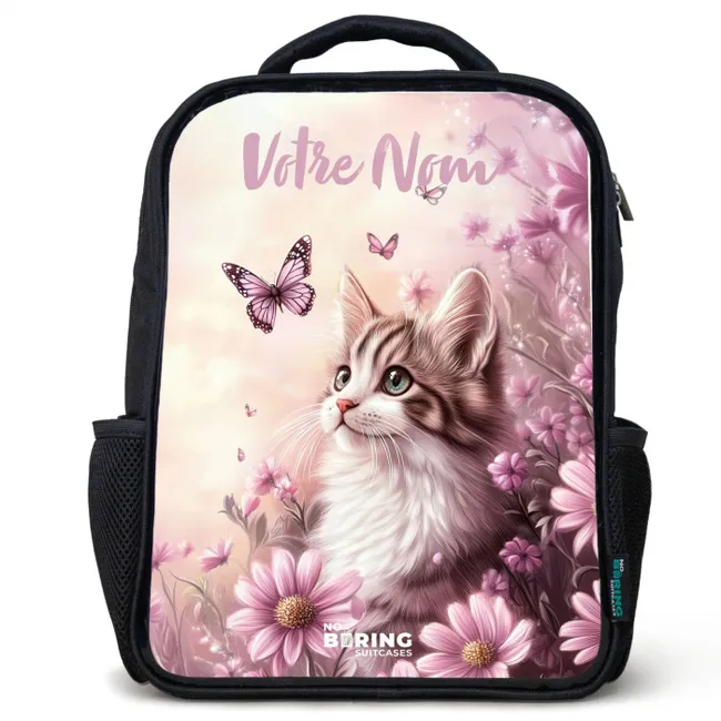 Sac à dos enfant avec votre nom - Noir - Chaton - Papillons - Violet - Fleurs