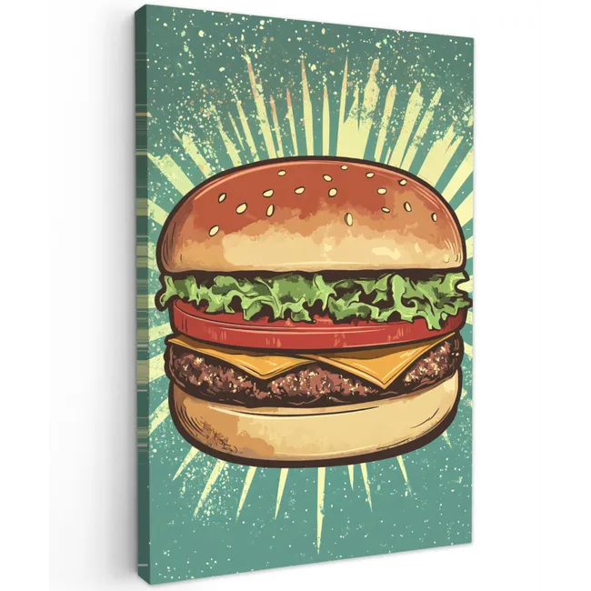 Hamburger - Illustratie - Sla - Kaas Tuinposter op houten frame 2 cm dik klein -3d