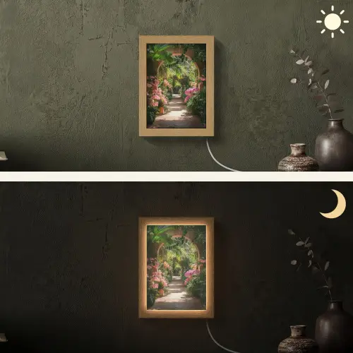 Doorkijk - Tropisch - Bloemen - Natuur Light Box met kabel (Wandlamp) klein -sfeer3