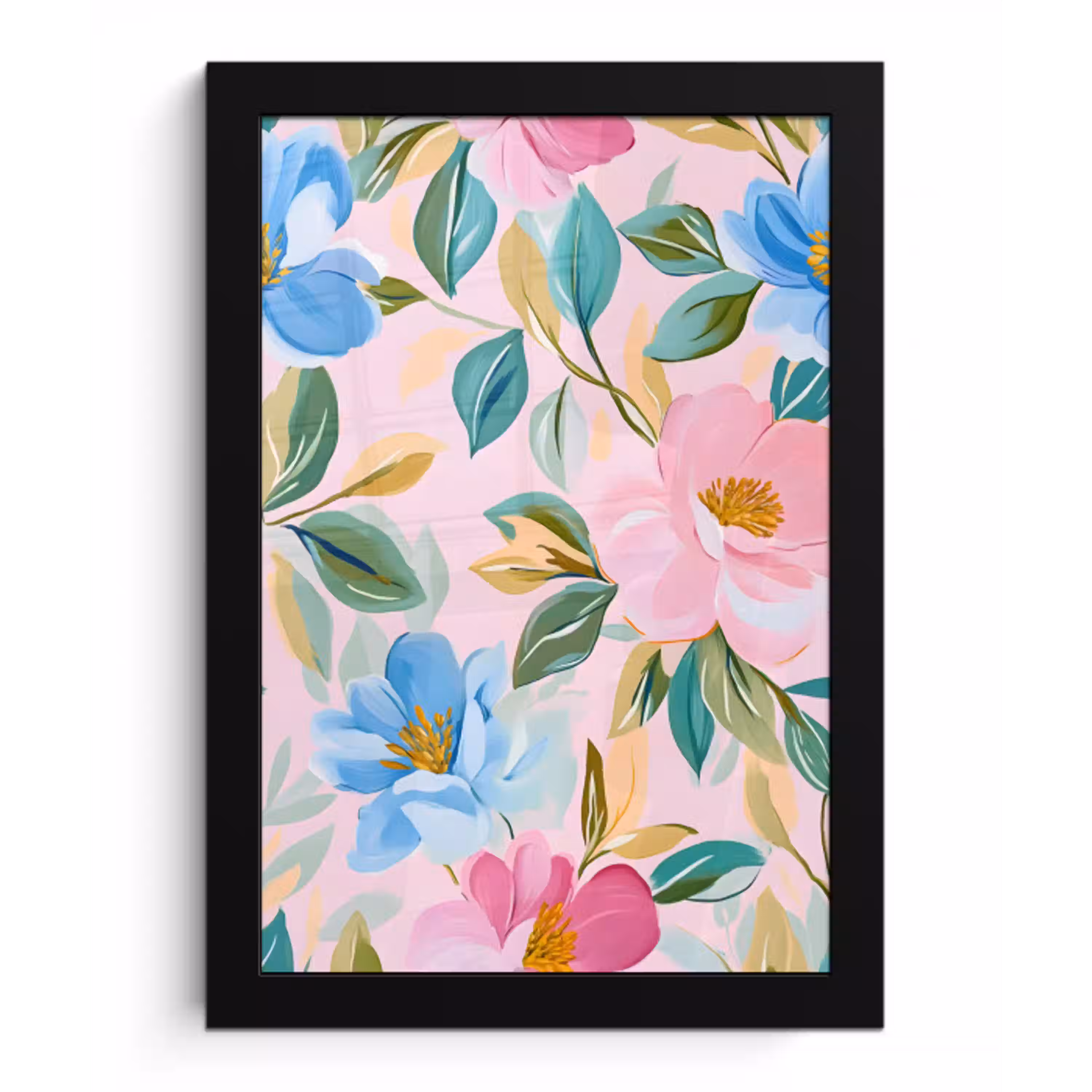 Blauw - Roze - Bloemen fotolijst zwart zonder passe partout klein -3d