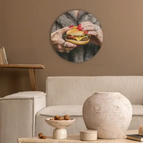 Vrouw - Hamburger - Bontjas Akoestische PET Vilt - Rond klein -sfeer1