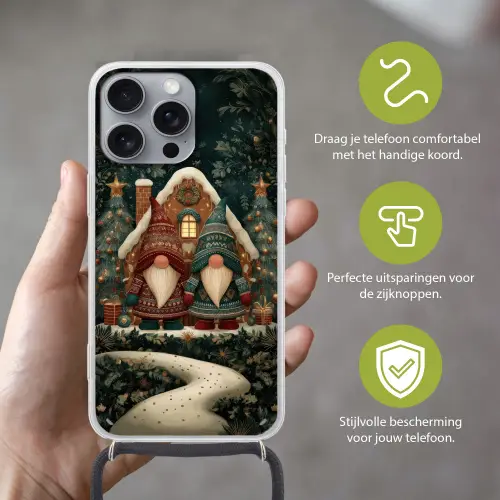 Kerst - Gnomen - Peperkoekhuisje - Rood - Groen Hoesje iPhone 16 Pro Max met koord klein -sfeer2_NL