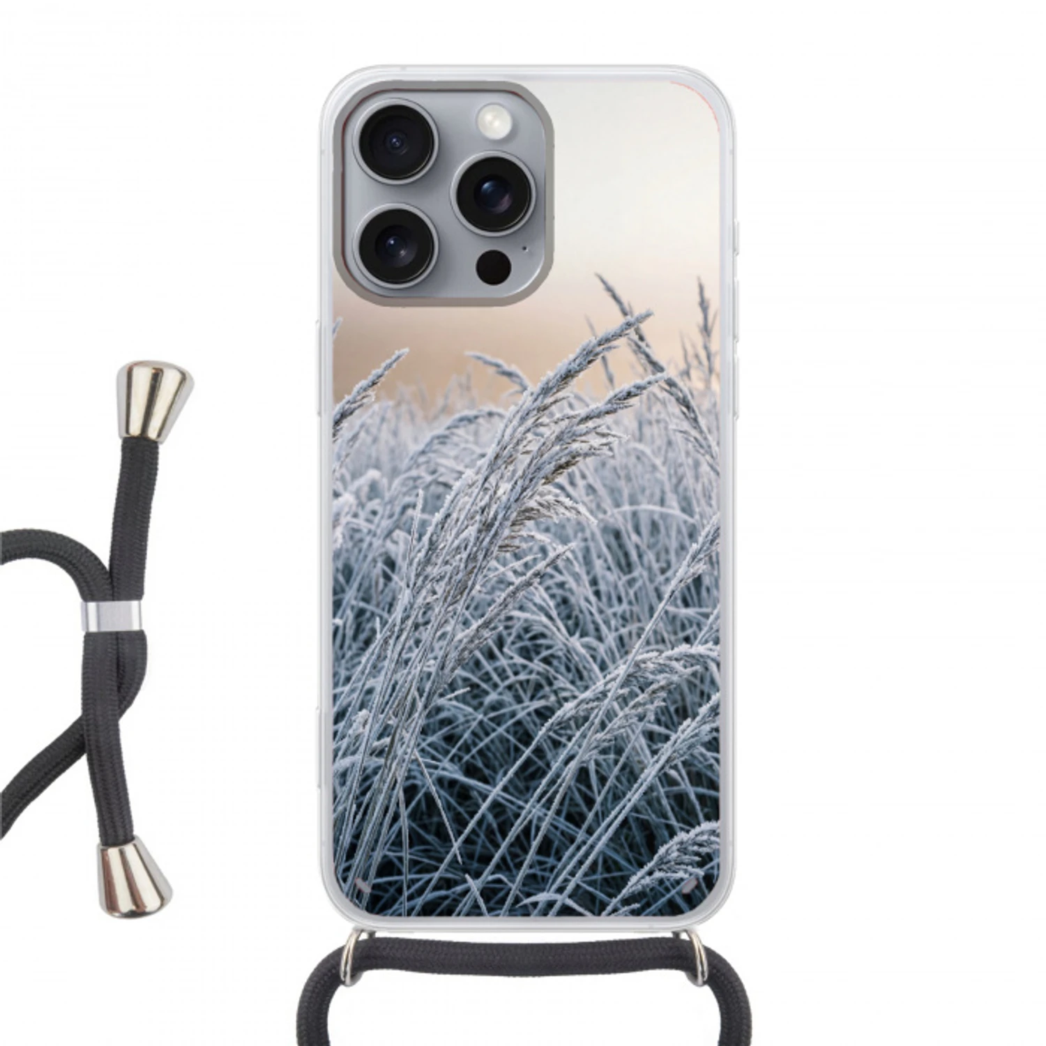 Rijp - Gras - Kristallen - Winter - Minimalistisch Hoesje iPhone 16 Pro Max met koord klein -3d