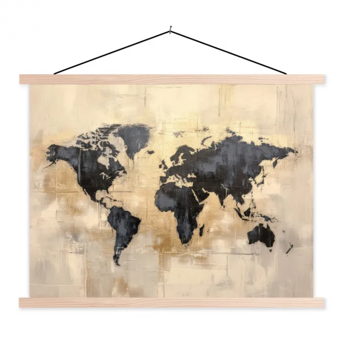 Wereldkaart - Goud - Zwart - Abstract textielposter latten blank klein -3d