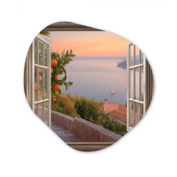 Doorkijk - Uitzicht - Meer - Landschap Wandcirkel Organisch Aluminium middel -3d