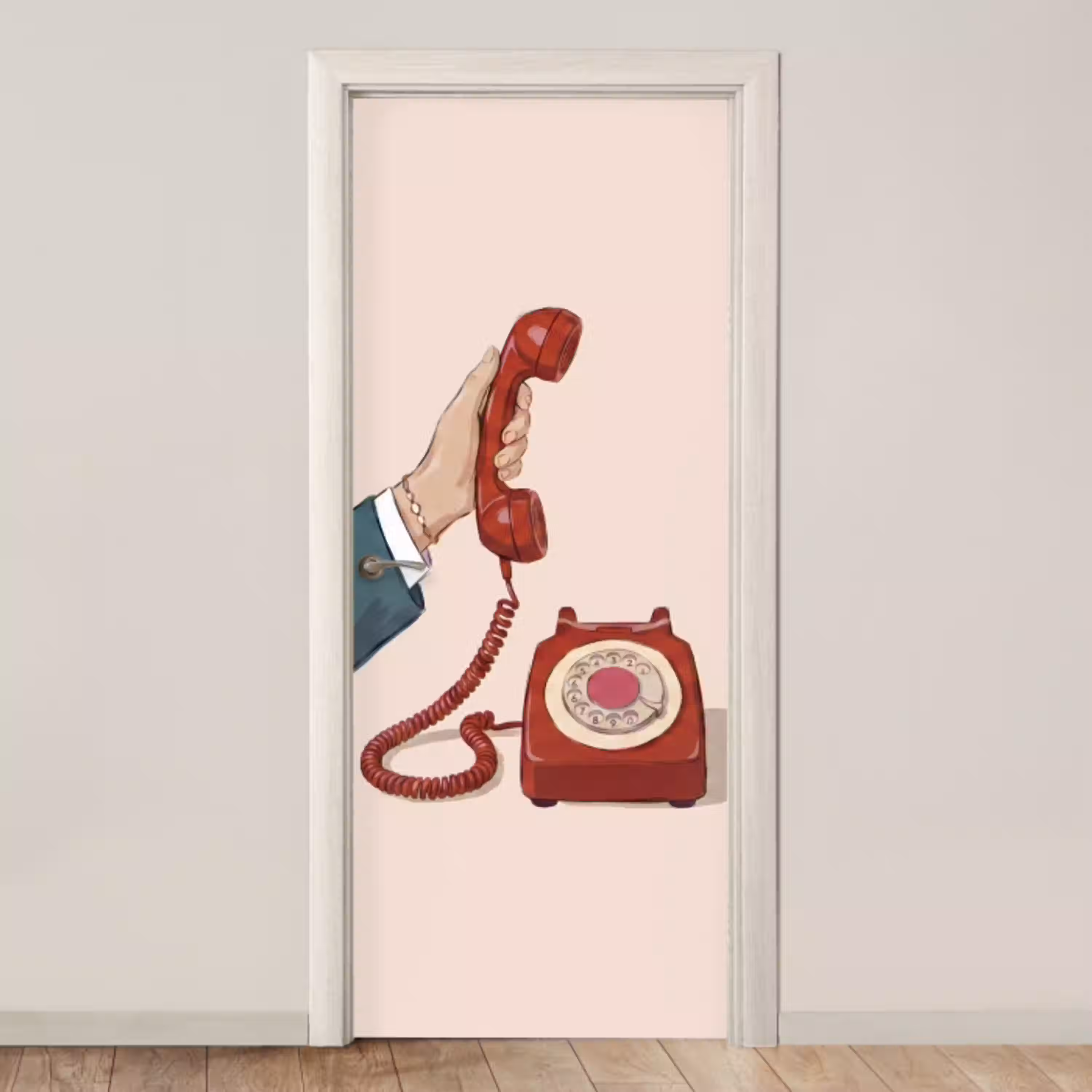 Telefoon - Hand - Vintage - Communicatie - Rood deurposter klein -3d_beige