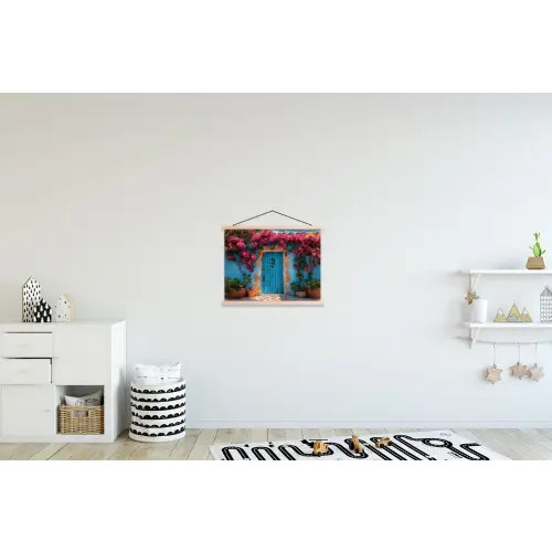 Deur - Hout - Bloemen - Blauw textielposter latten blank klein -kinderkamer