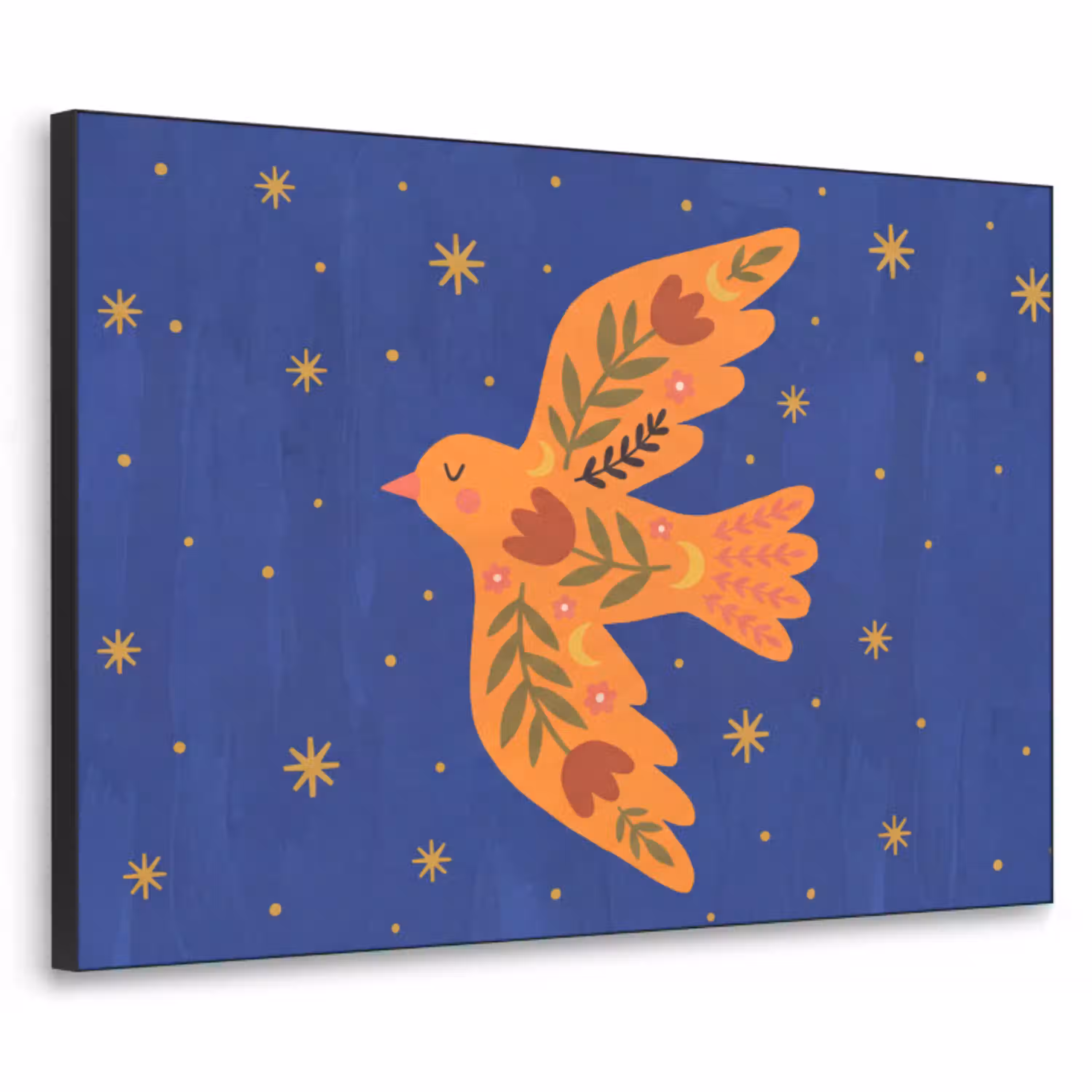 Vogel - Bloemen - Decoratief - Oranje - Blauw Textielframe zwart klein -3d